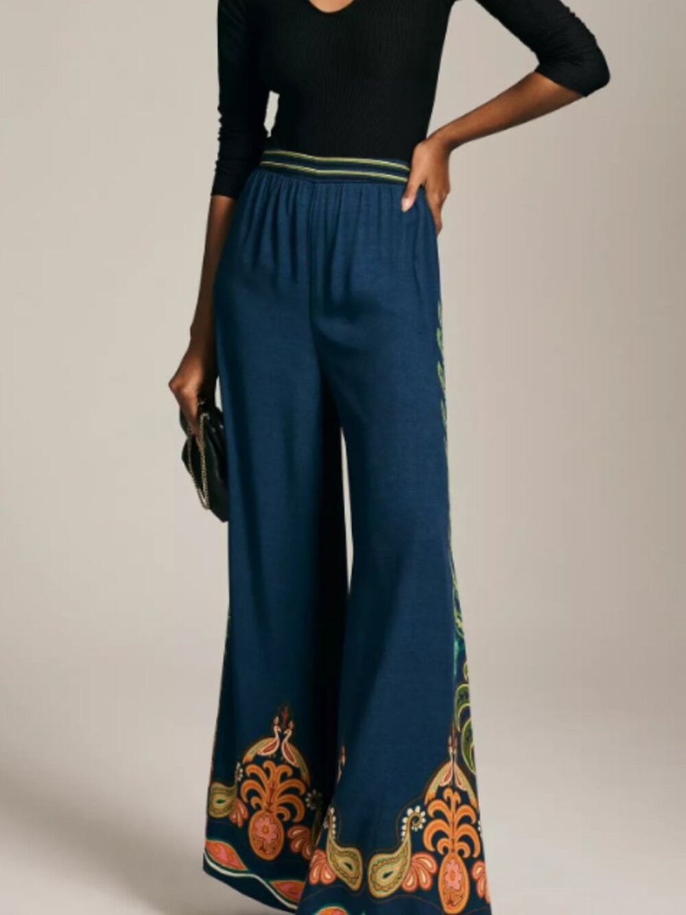 Farm Rio x Anthro High-Rise Wide Leg Blue Motif Pant Sz Med MSRP $168